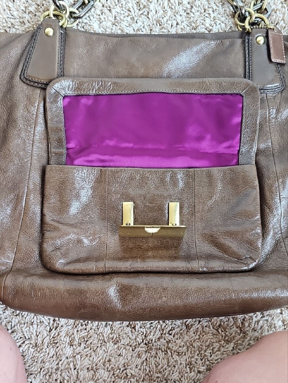 Coach Vintage Kristin Brown Leather Tote / Hobo (Style 14214) Purple Lining - Picture 6 of 12